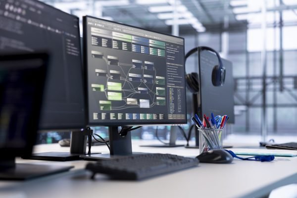 Close up of programming language on PC displays on desk in server farm used for data processing requirements of AI workloads and neural network machine learning technology